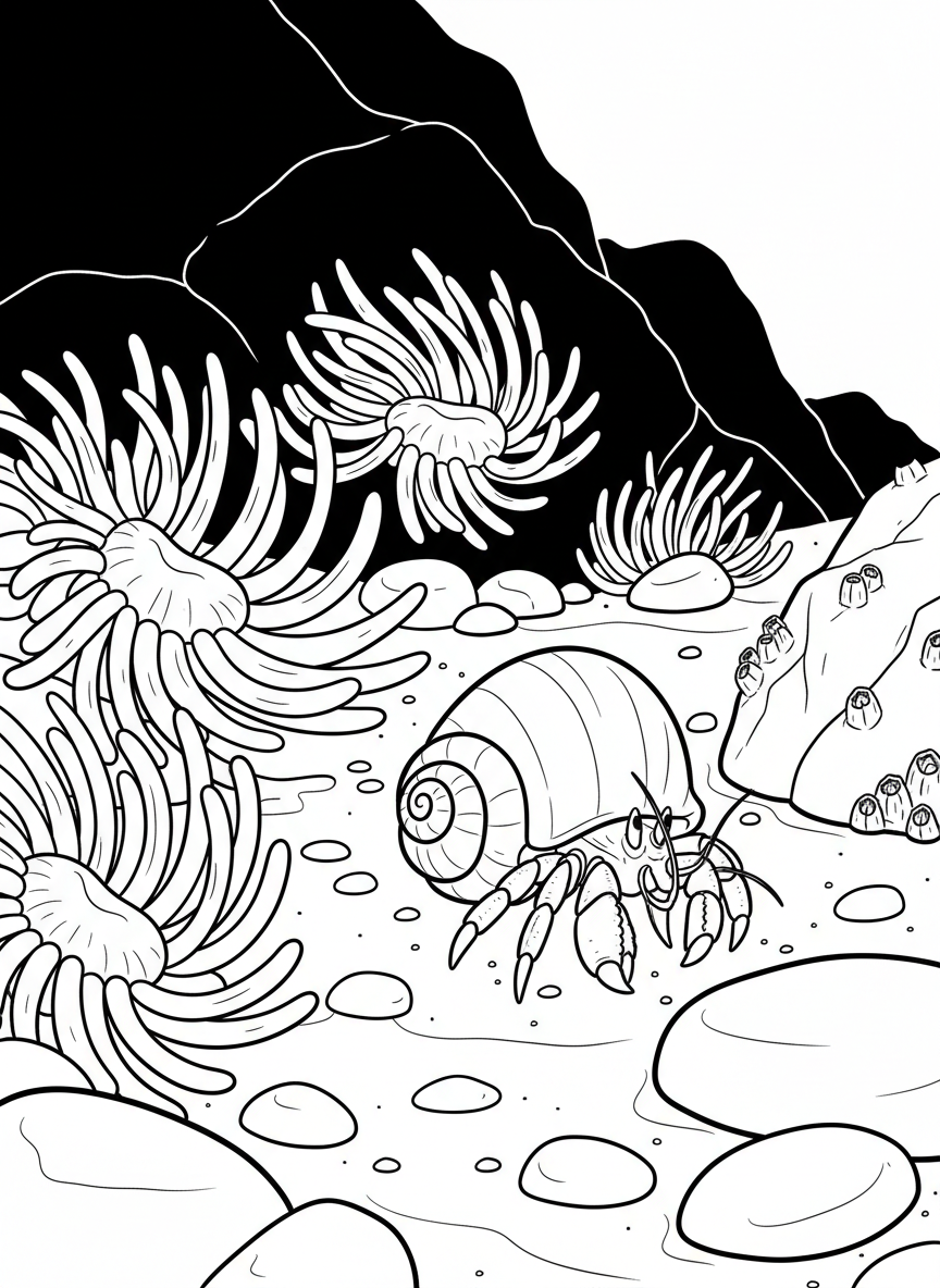 Playful scene with sea anemones waving their tentacles while a hermit crab explores the tide pool floor below