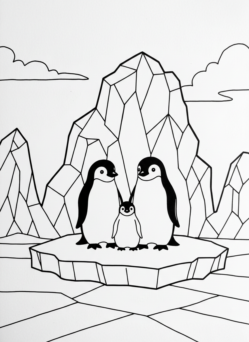 A penguin family of three standing together in front of a large iceberg, with simple geometric ice formations in the background.