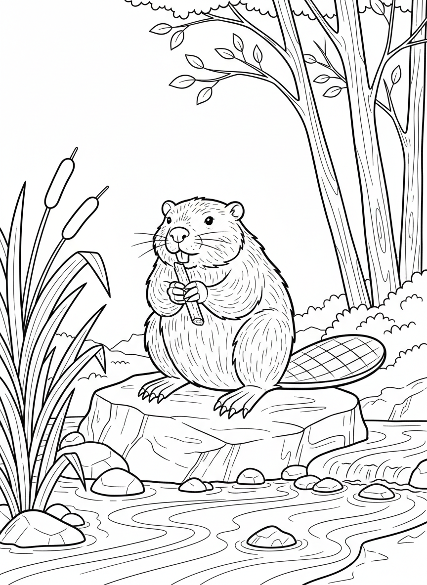 A beaver eating bark from a small branch while sitting on a rock, detailed fur texture for older kids