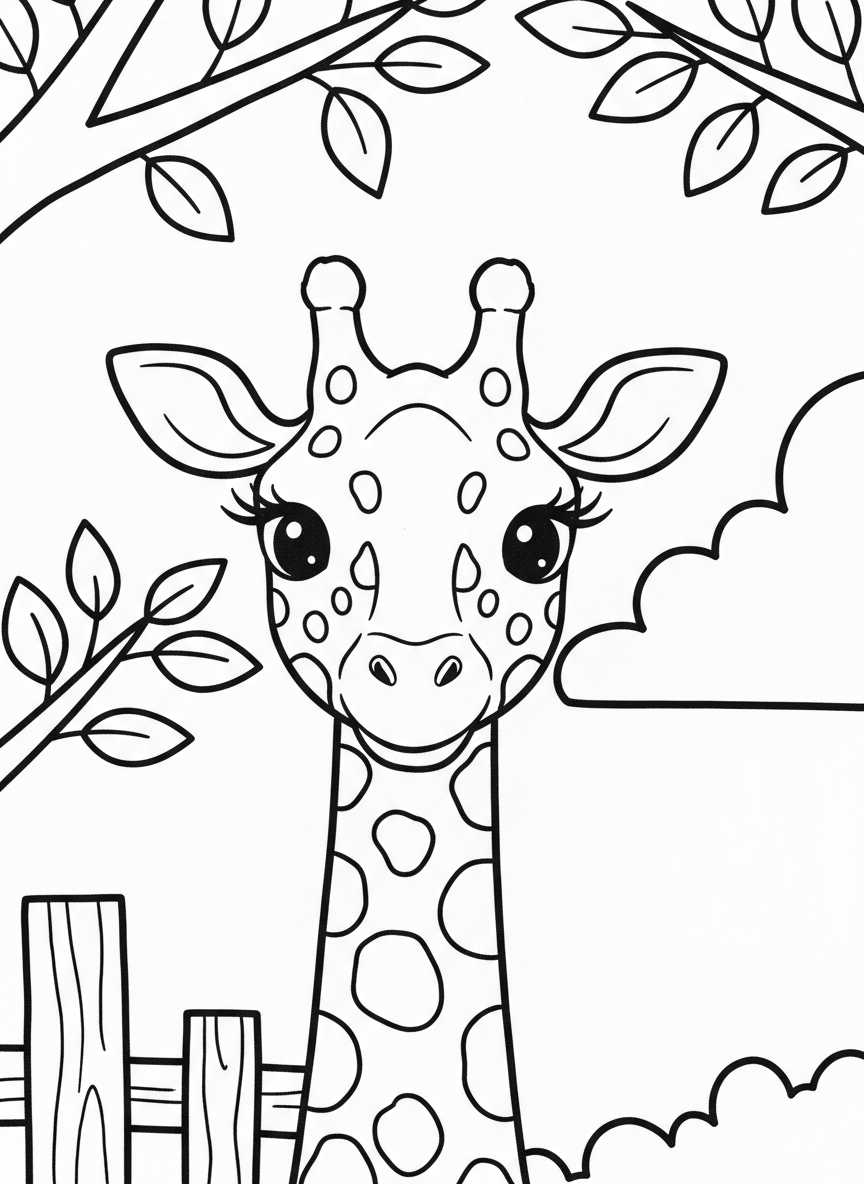 A giraffe's face close-up with long eyelashes, spots on cheeks, and two small horns, adorable Pottery Barn Kids character style