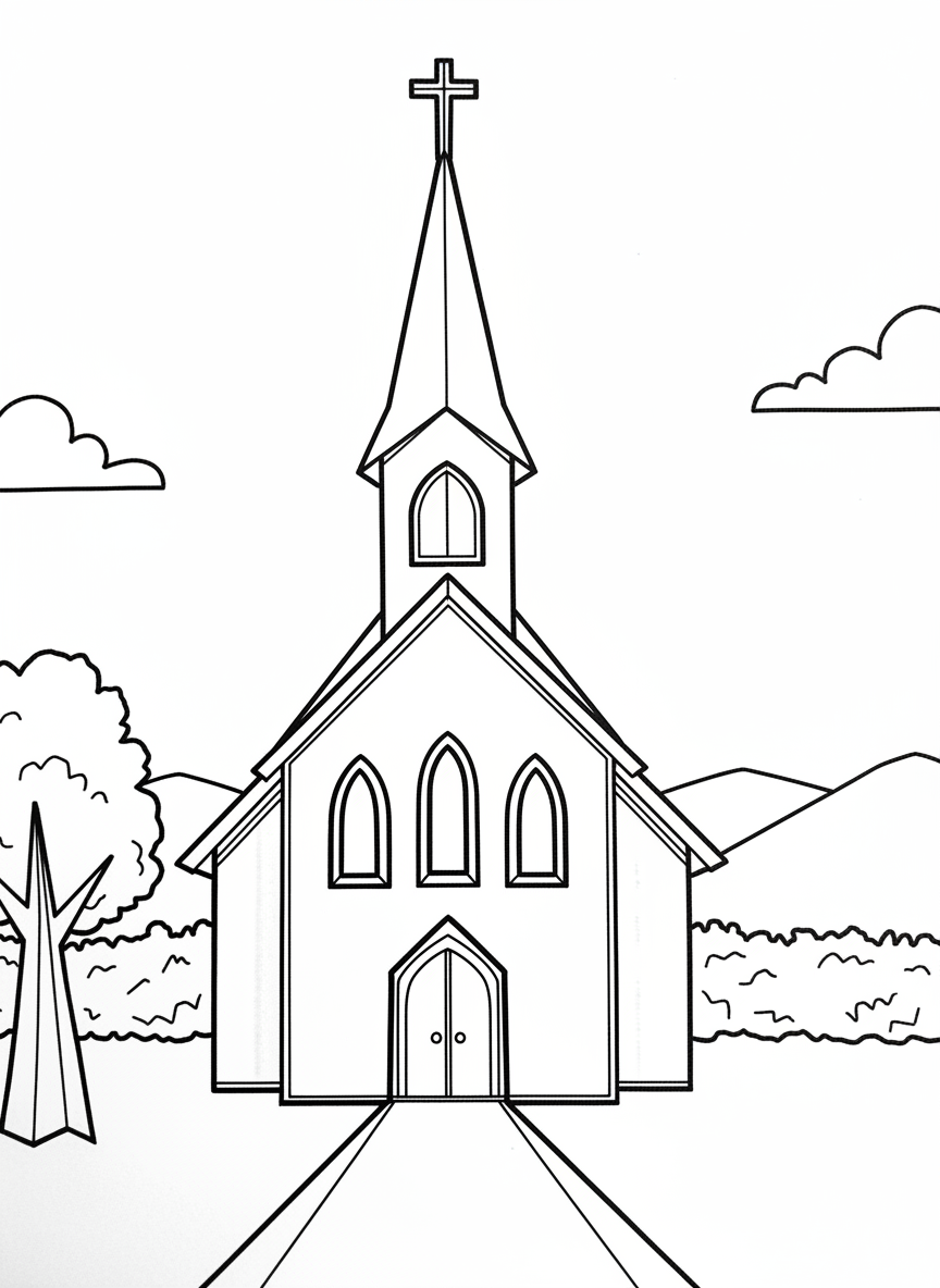 An origami church or chapel with a tall steeple, cross on top, arched windows, and clear paper-fold lines showing the building's construction.
