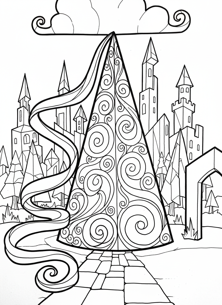 An origami princess cone hat with a flowing ribbon at the tip, shown tall and elegant with spiral decorations.