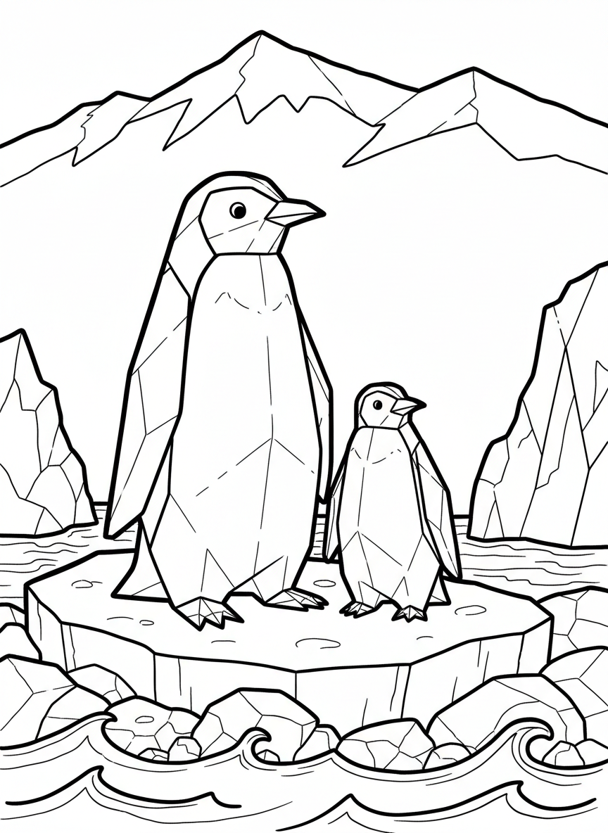 Two origami penguins standing side by side, one larger and one smaller, with geometric black and white folded sections