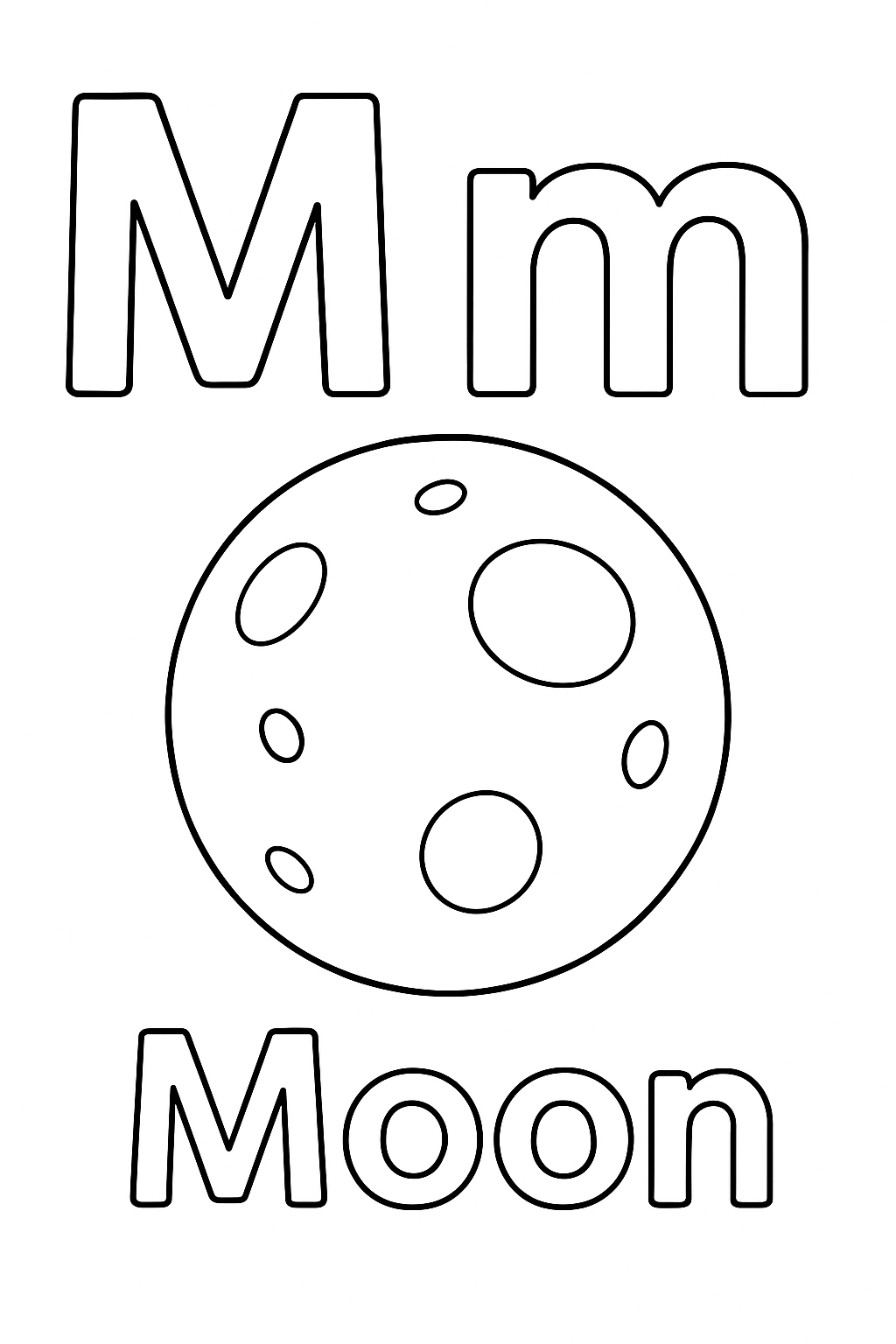 The uppercase letter “M” next to the lowercase letter “m”. With a moon image under the letters. Write out the object “Moon”. the moon should look like a realistic moon,  with only a few craters