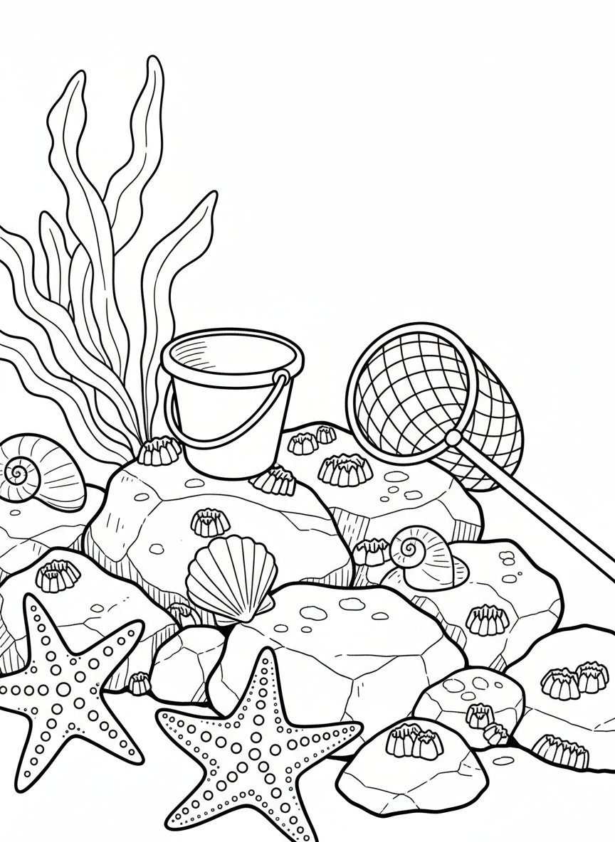 A tidepool explorer scene with a small bucket and net resting on rocks, surrounded by starfish, shells, and seaweed