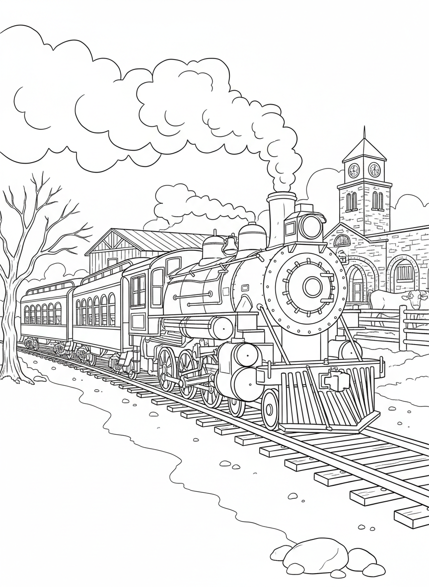 The iconic Fort Worth Stockyards steam locomotive train with passenger cars, detailed mechanical line art for older kids