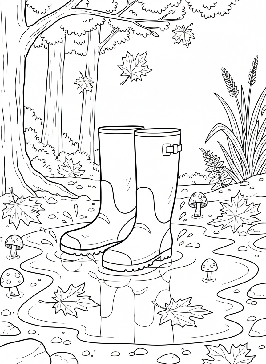 A pair of rain boots standing in a puddle surrounded by fallen maple leaves and small mushrooms.