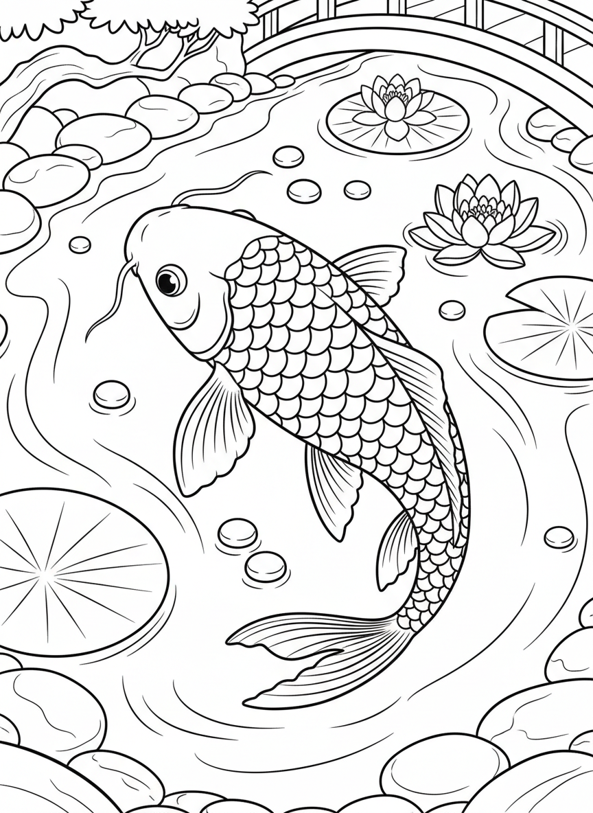 A koi fish with large scales and whiskers swimming in a pond view with floating food pellets and water lilies