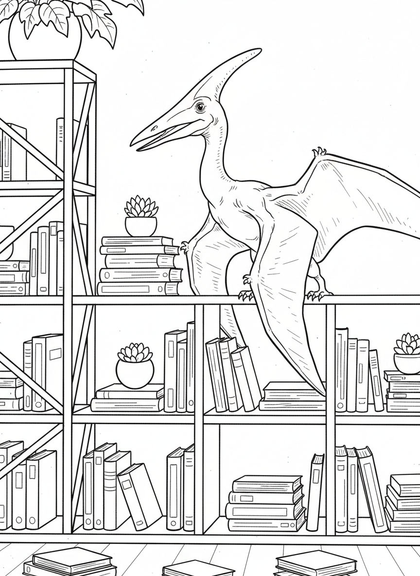 A Pteranodon perched on a modern bookshelf filled with books and small succulent plants, easy line art design.