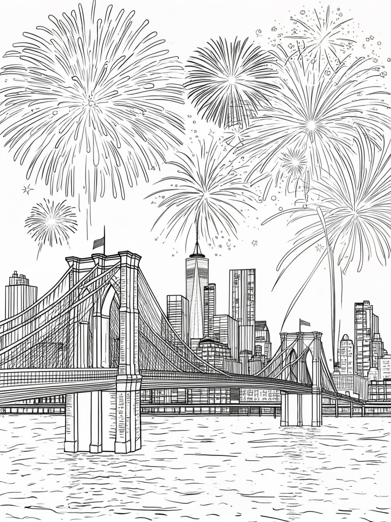 Fourth of July Fireworks coloring page prompts focusing on nighttime celebrations, glowing skies, and shared moments of awe.	A city bridge scene with fireworks exploding behind it, creating a dramatic patriotic backdrop.