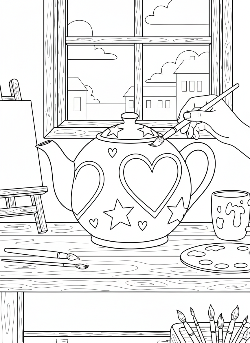 Close-up of a ceramic teapot being decorated with hearts and stars, paintbrush in hand, simple studio background.