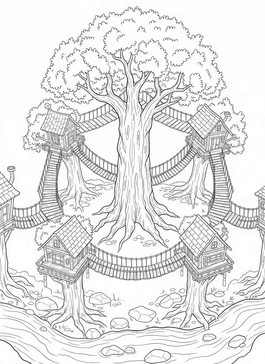Multiple treehouses connected in a circle with rope bridges forming a ring around a central giant tree, bird's eye view composition.
