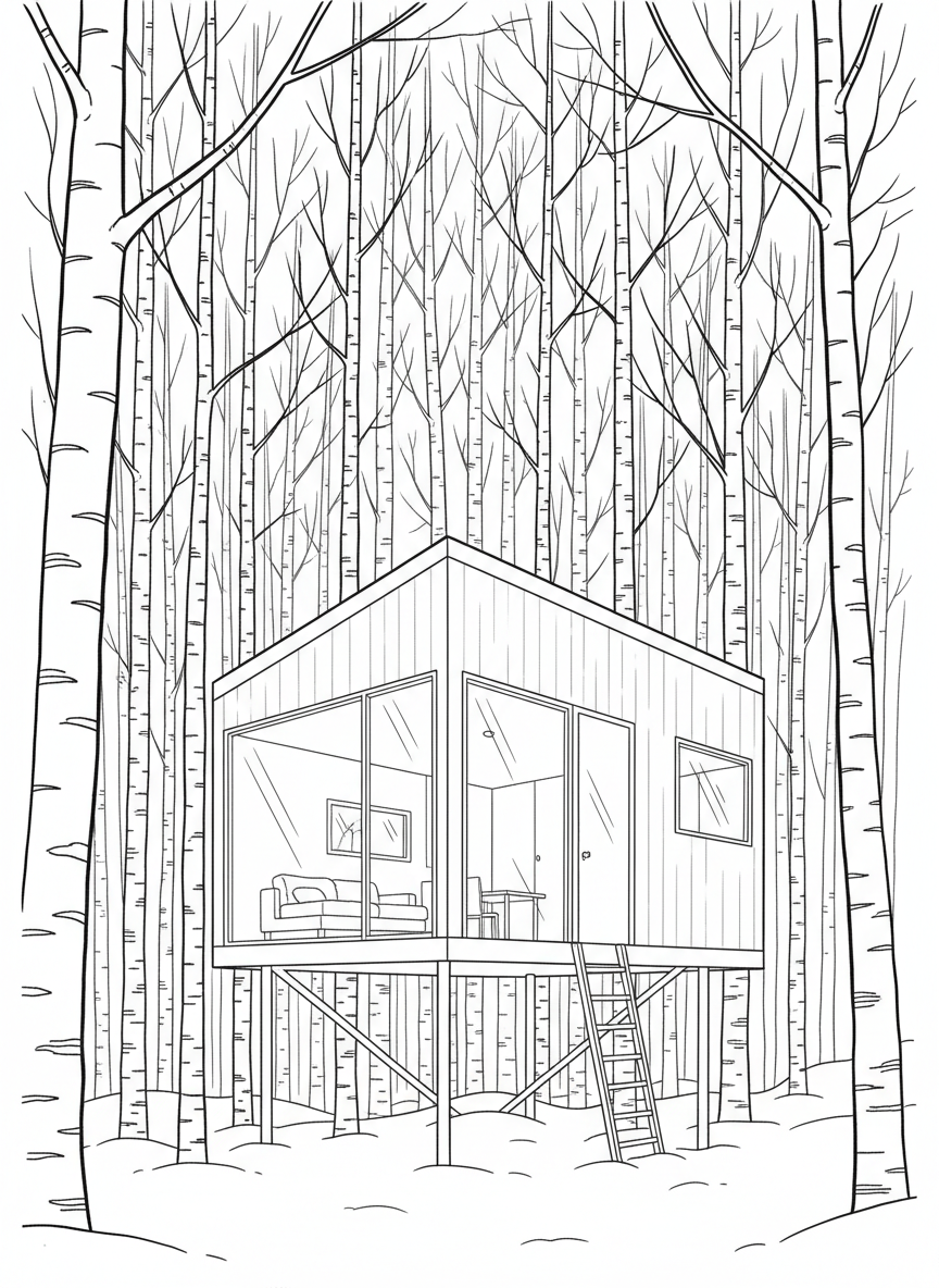 A Scandinavian minimalist treehouse with clean lines, large windows, and a simple ladder, nestled in a birch forest during winter.