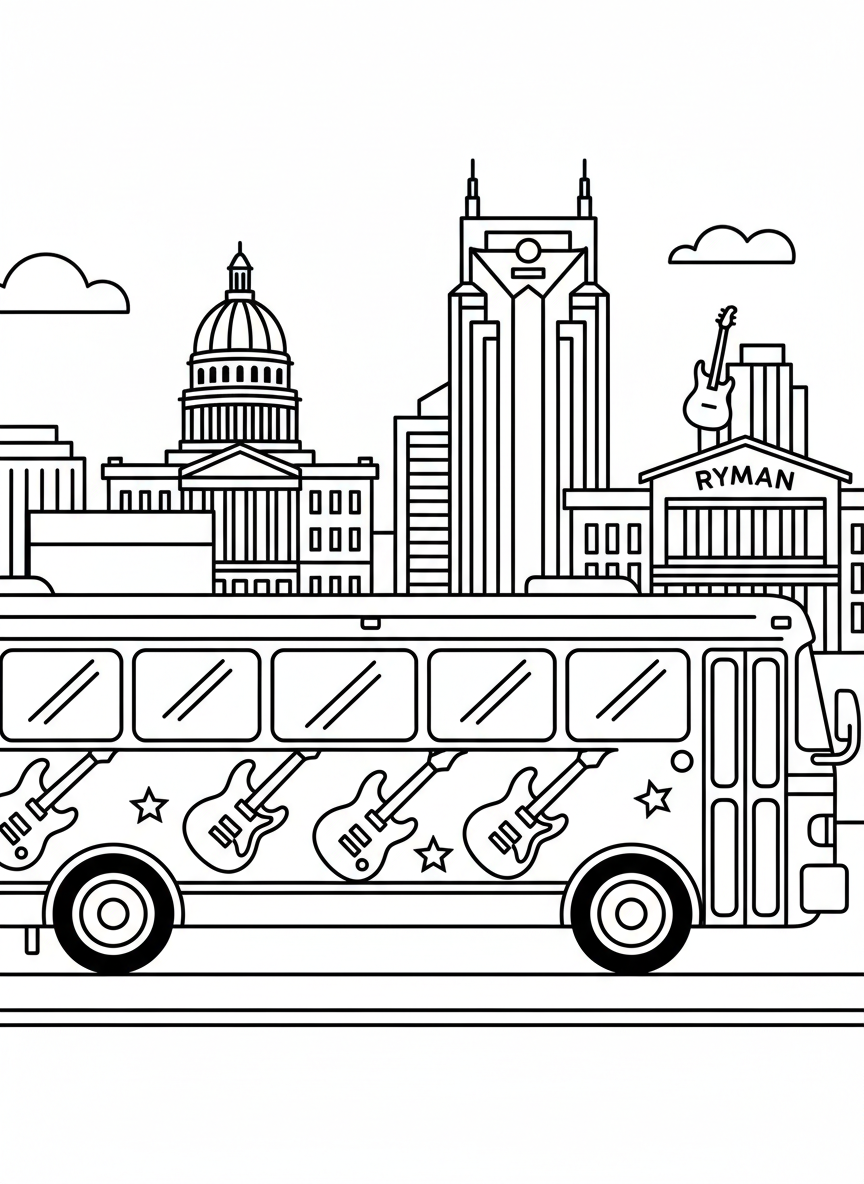 A music city tour bus decorated with guitars and stars, driving past simple Nashville landmark buildings.