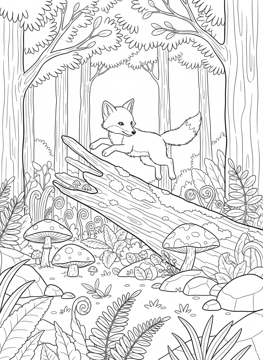 A playful fox kit jumping over a fallen log in the forest, with mushrooms and ferns growing nearby.