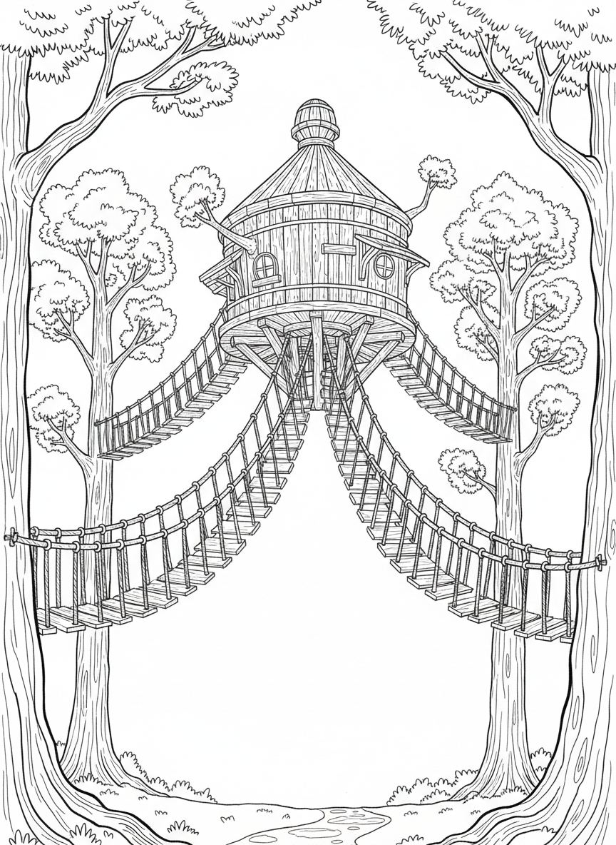 A circular treehouse with rope bridges extending out like spokes to four surrounding trees, a crow's nest on top