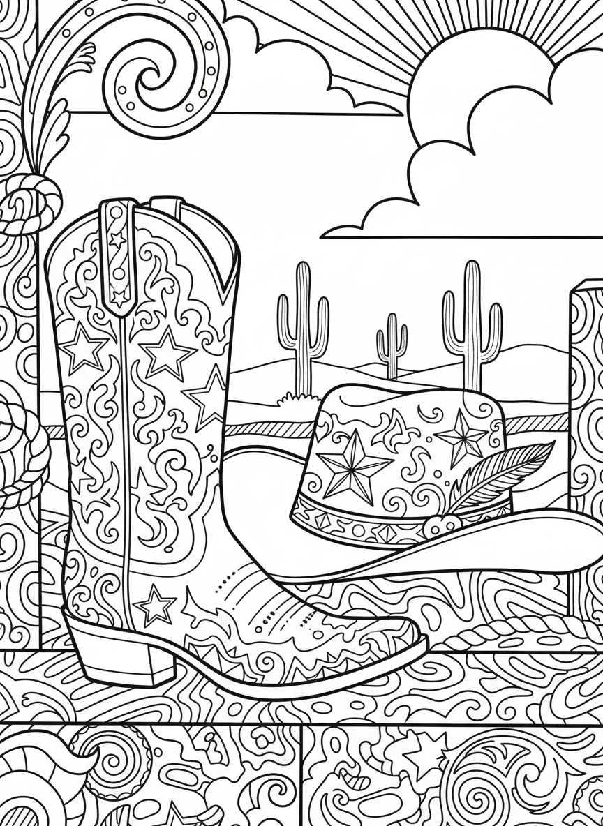 A cowboy boot decorated with stars and western patterns next to a cowboy hat, close-up design with fun details to color.