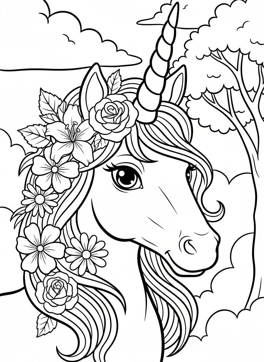 Close-up portrait of a unicorn's face with large expressive eyes, decorated mane with flowers woven in, detailed line art