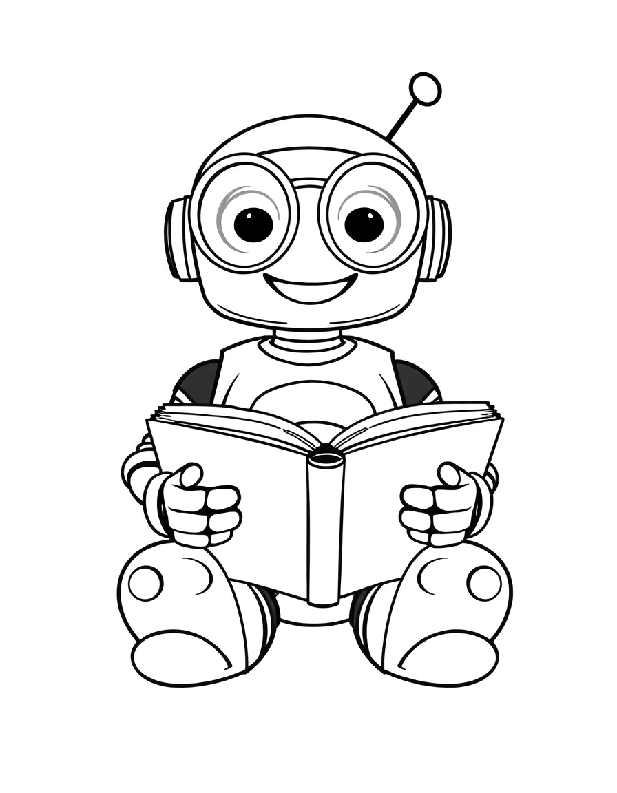 A studious happy robot wearing large round glasses, sitting cross-legged on the floor and intently reading a big, open book. A clean black and white vector illustration with smooth, thick outlines and no interior shading.