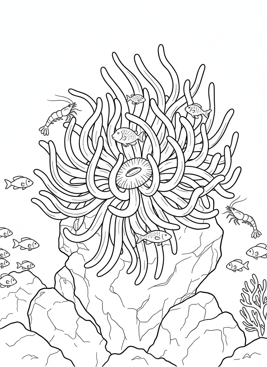 A curious sea anemone with flowing tentacles anchored to a rock, surrounded by tiny shrimp and fish.