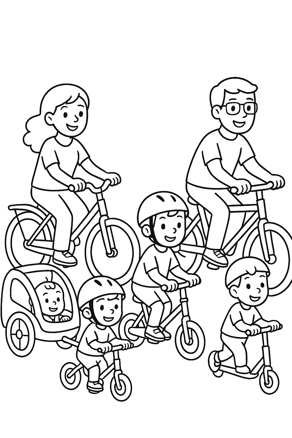 A family bike ride scene: mom and dad on bikes, the two young boys on small bikes or scooters, and the baby boy in a little bike trailer attached to the moms bike