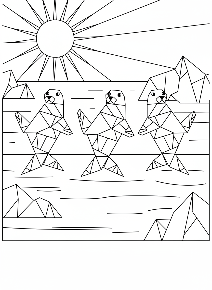 Three origami seals in a row doing synchronized poses, identical geometric shapes showing pattern and repetition, fun group scene