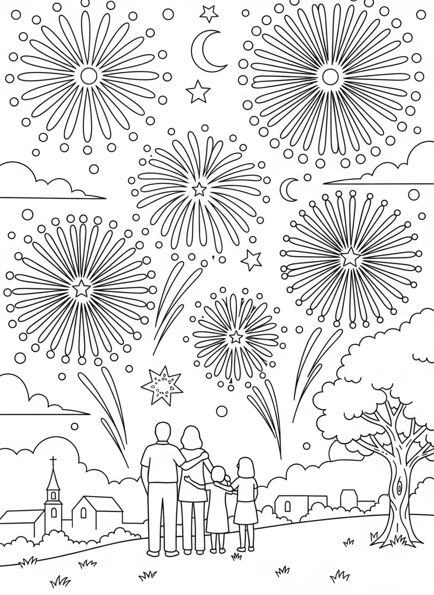 Fourth of July Fireworks coloring page prompts focusing on nighttime celebrations, glowing skies, and shared moments of awe.	Silhouettes of families against a glowing horizon, fireworks painting patterns across the night.