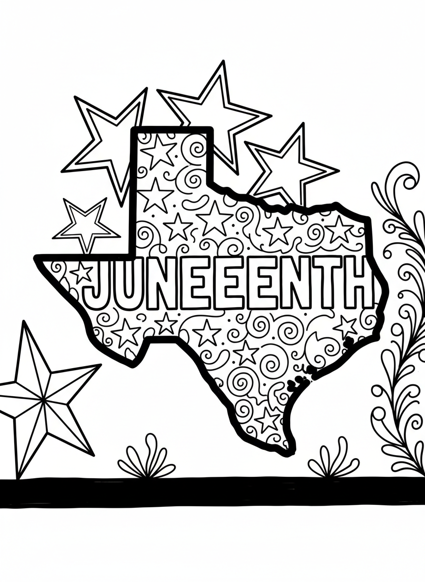 The outline of Texas state with 'Juneteenth' written across it, decorated with stars and simple patterns