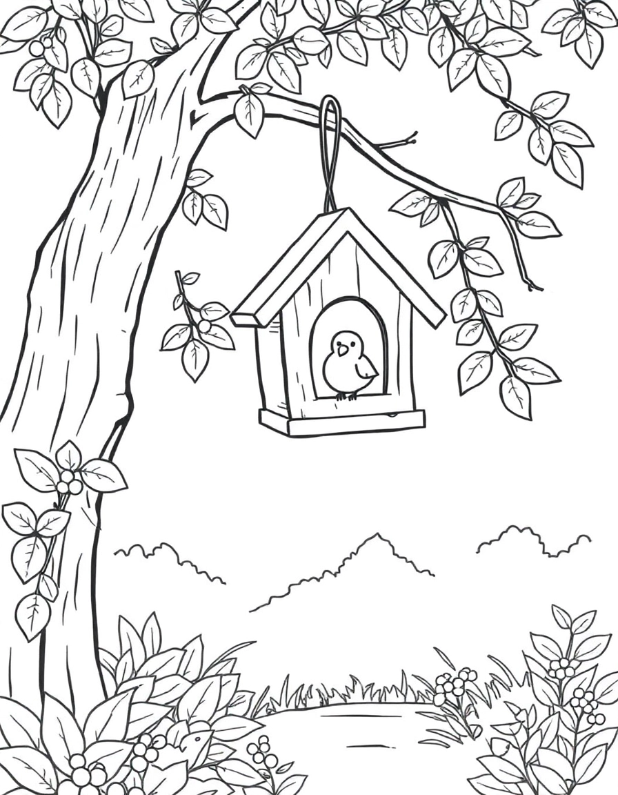 A peaceful scene featuring a rustic birdhouse hanging from a sturdy tree branch, surrounded by lush leaves and a few scattered berries. A cheerful bird is perched at the birdhouse entrance, looking out over a calm, sunlit garden below.