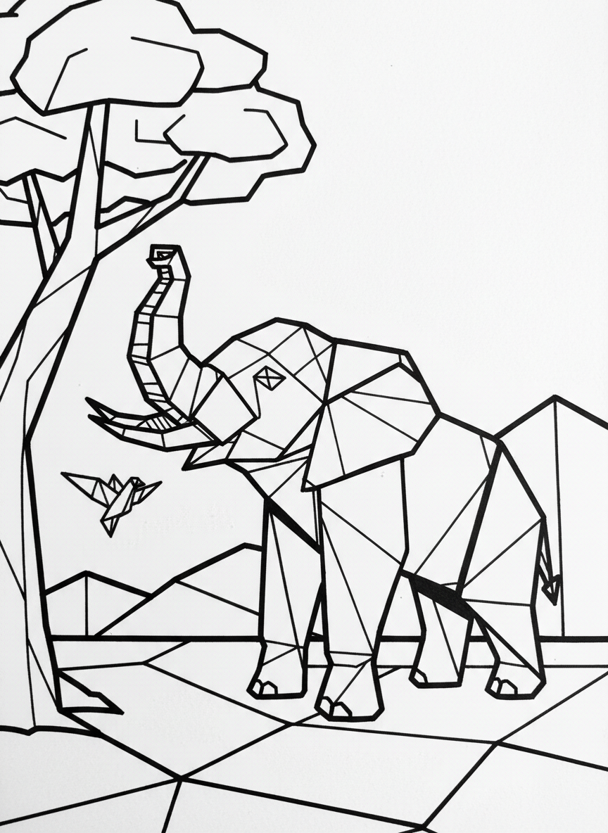 A simple origami elephant with geometric folded paper triangles and angular ears, standing in a playful pose with its trunk raised up