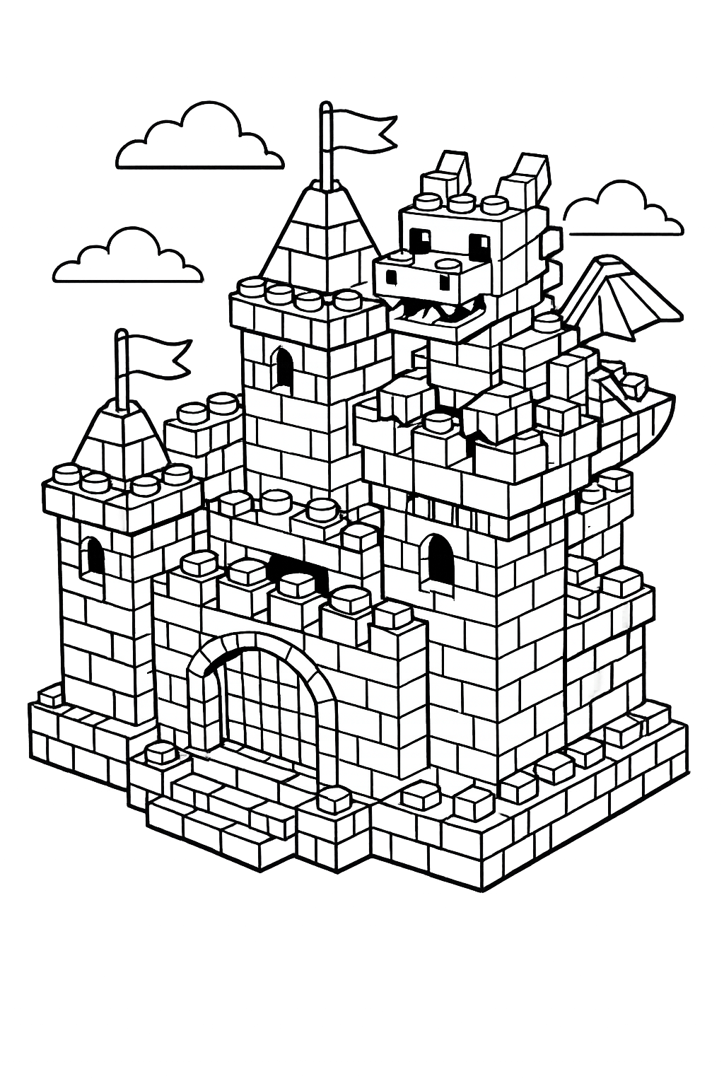 Block Castle: A castle built entirely out of connecting bricks, with a blocky dragon perched on the turret.
