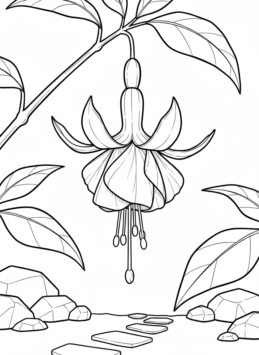 A hanging origami fuchsia flower with drooping petals and visible creases, delicate stamens, botanical illustration style line art.