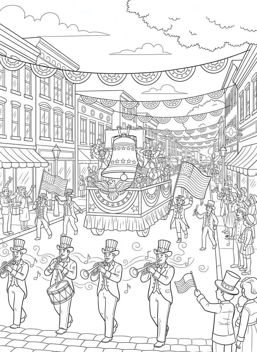 Independence Day Parade coloring page prompts capturing patriotic parades, music, and festive community pride.	Decorated floats rolling past storefronts, red, white, and blue decorations catching the sunlight.