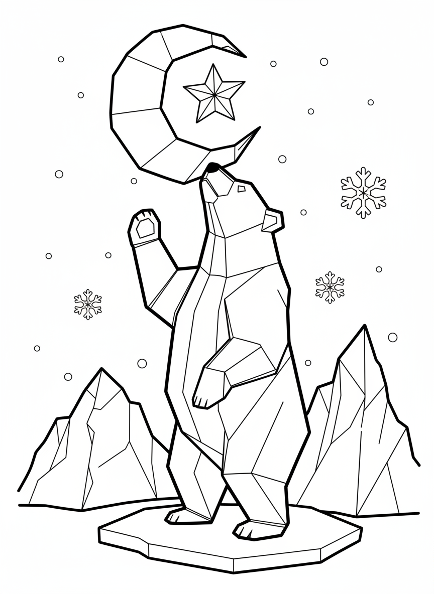 An origami polar bear standing on hind legs reaching upward, tall vertical composition with geometric body showing paper creases and angles