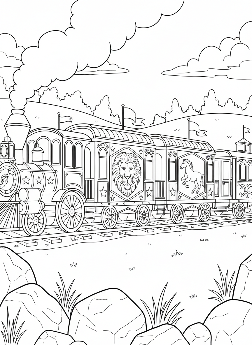 A old-fashioned circus train with decorated cars, including a caboose and cars with animal silhouettes painted on the sides