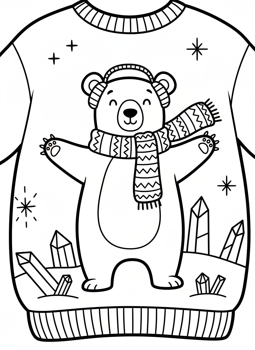 A whimsical sweater showing a polar bear wearing earmuffs and a scarf, standing among icicles and star shapes.