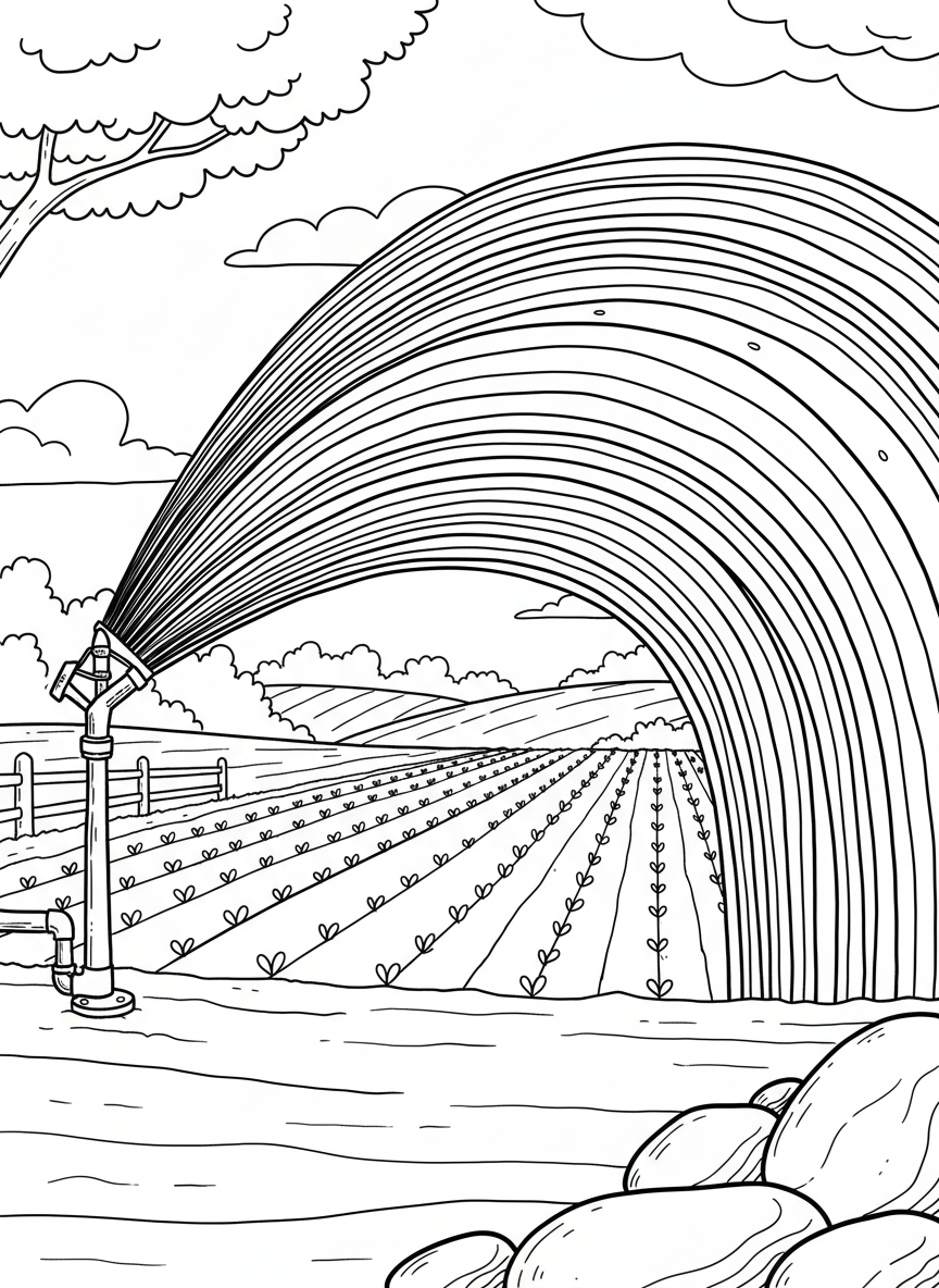 A irrigation sprinkler watering rows of crops in a field, creating arcs of water droplets with a rainbow effect.