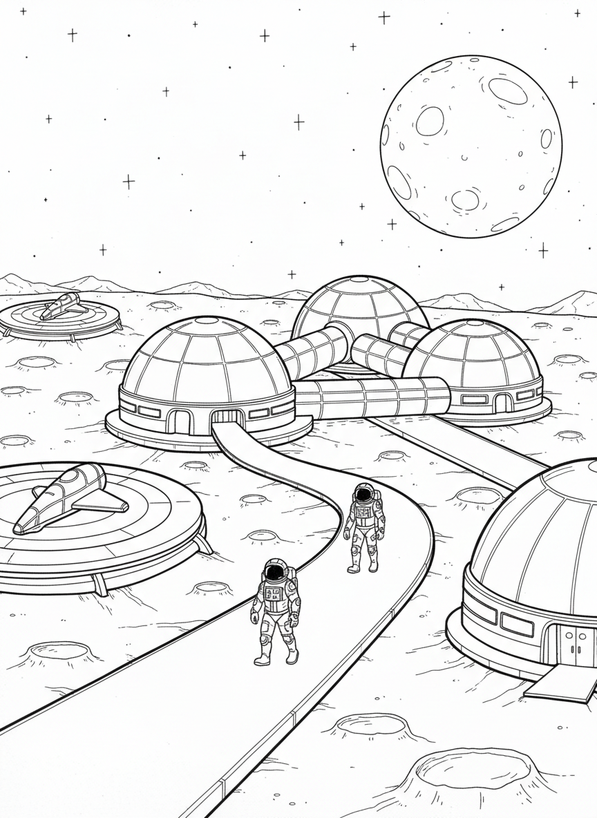 A futuristic moon base with domed buildings, landing pads, and astronauts walking between structures under a starry sky