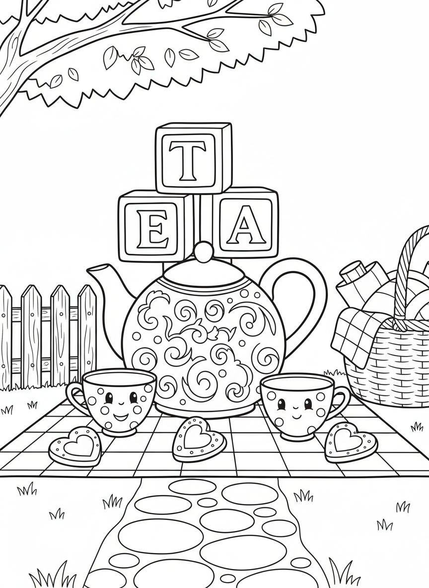 A playful tea party with alphabet blocks spelling TEA, surrounded by a colorful teapot, cups with smiley faces, and heart-shaped cookies.