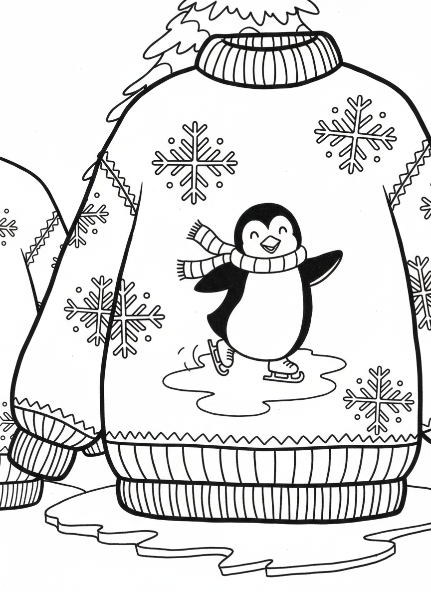 A goofy sweater showing a penguin ice skating, with snowflake patterns scattered around and striped ribbing at the waist.
