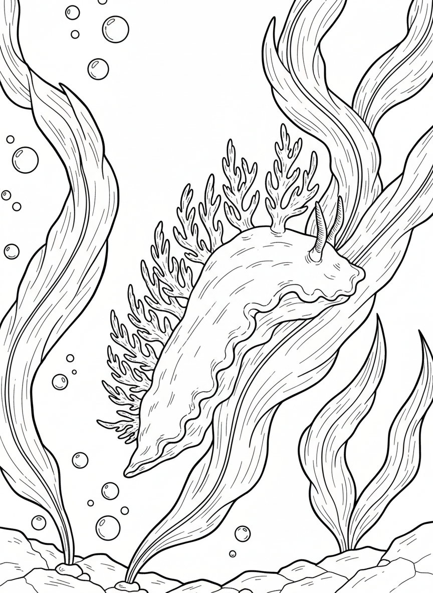 A colorful nudibranch sea slug with frilly appendages crawling on kelp fronds.