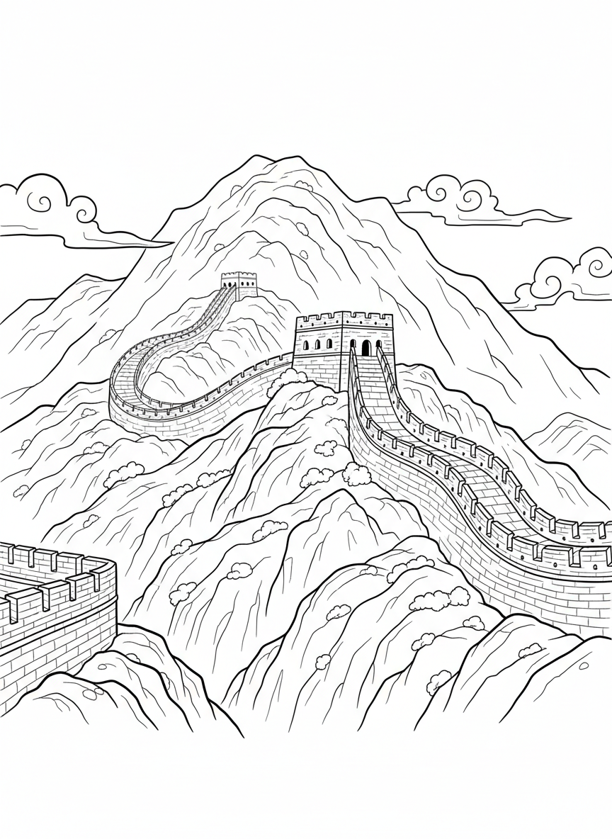 The Great Wall of China winding across mountain hills with a watchtower, showing the iconic serpentine path through the landscape.