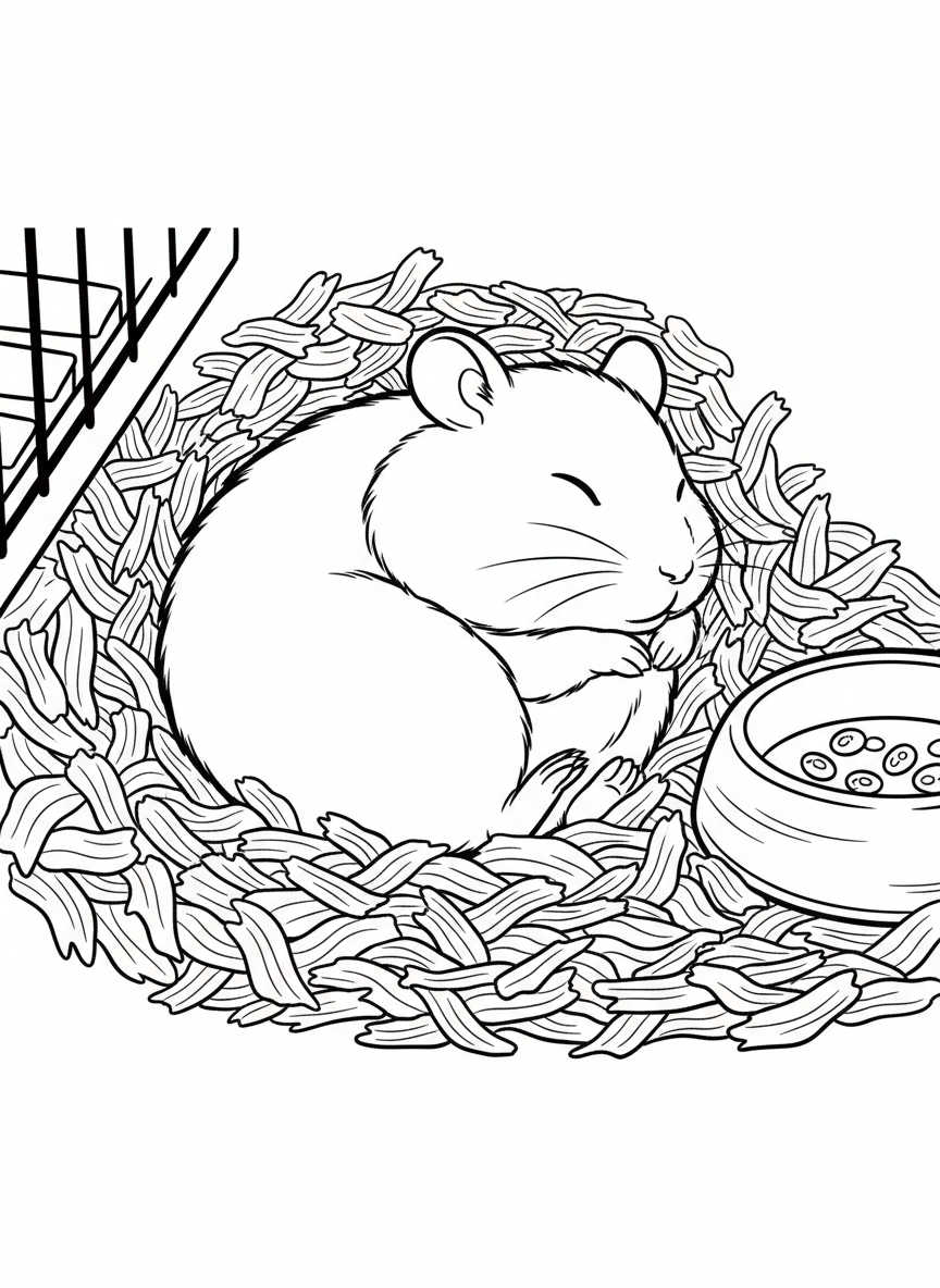 A sleepy hamster curled up in a cozy bed of wood shavings with a food bowl nearby.
