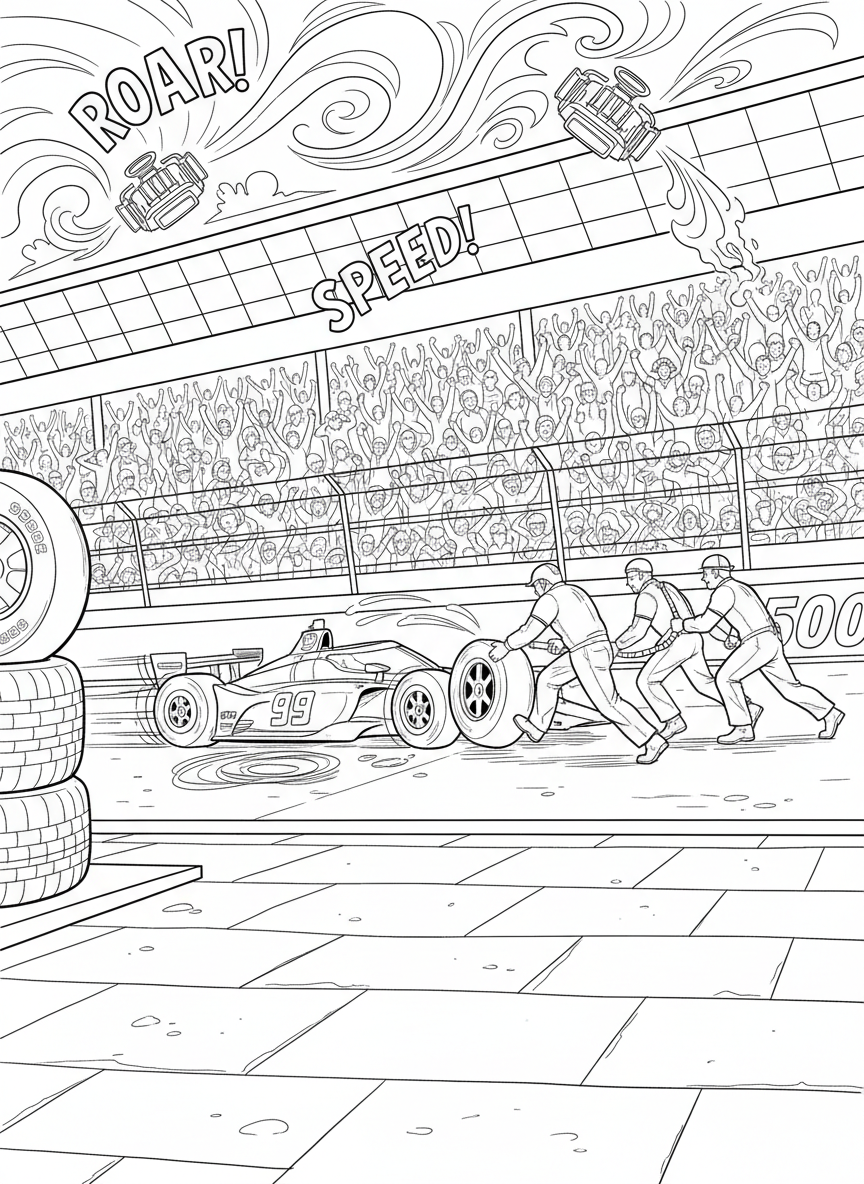 Indy 500 coloring page prompts capturing speed, tradition, roaring engines, packed grandstands, and legendary race moments.	A pit lane scene mid-race with crews sprinting into position, tires rolling, fuel flowing, and seconds disappearing in a blur of precision.