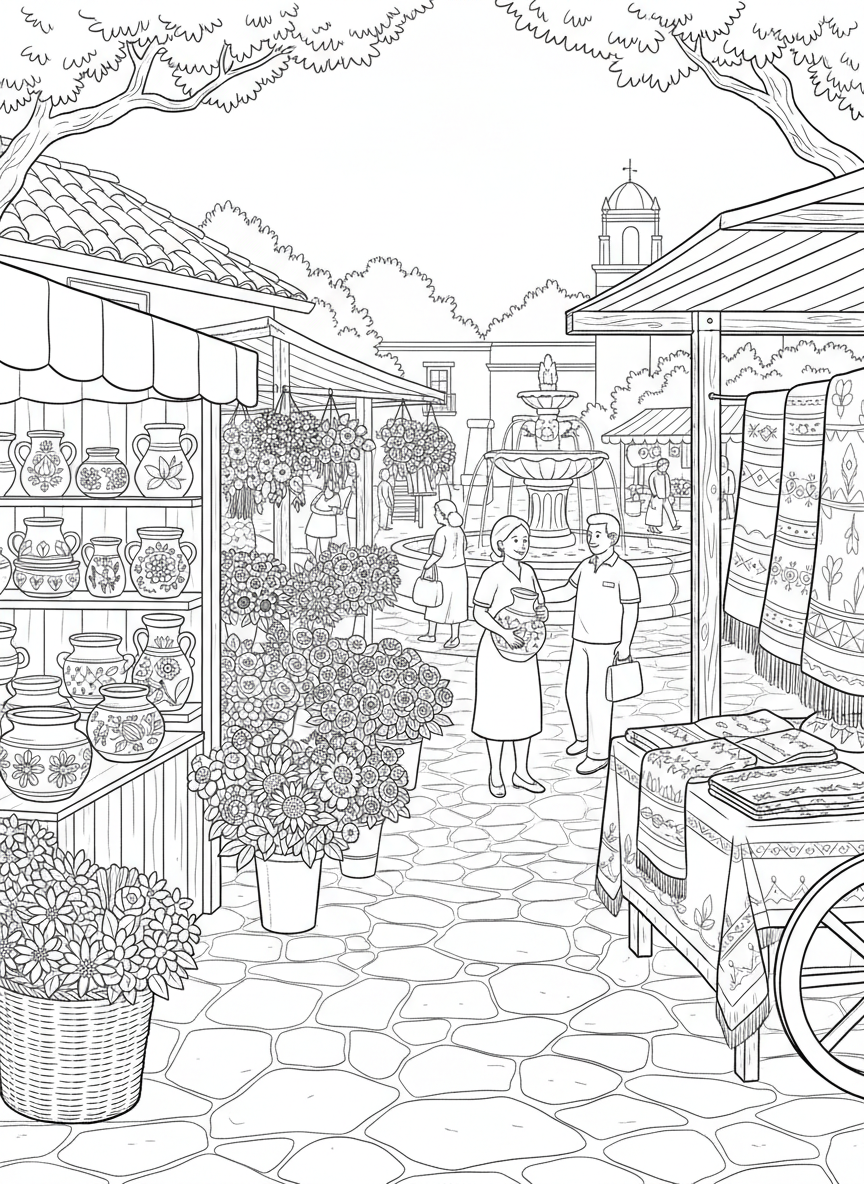 A detailed coloring page of a traditional San Antonio market scene with vendor stalls selling flowers, pottery, and textiles under awnings.