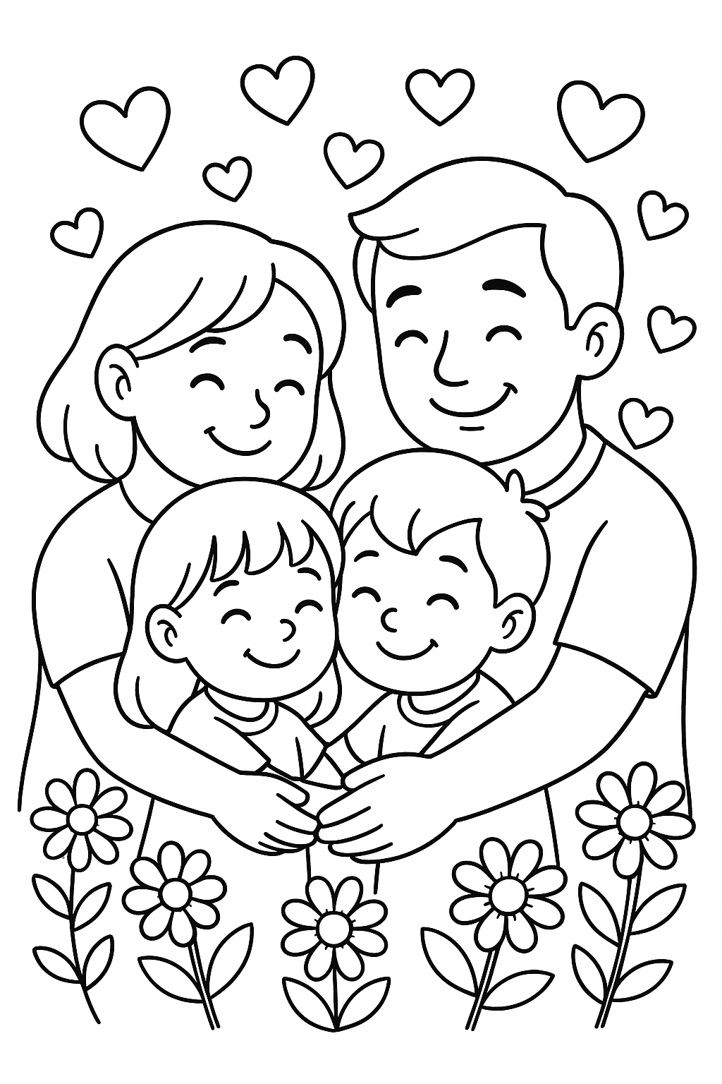 A family hugging and smiling together, parents and children surrounded by hearts and flowers, warm and loving atmosphere emphasizing kindness, togetherness, and care