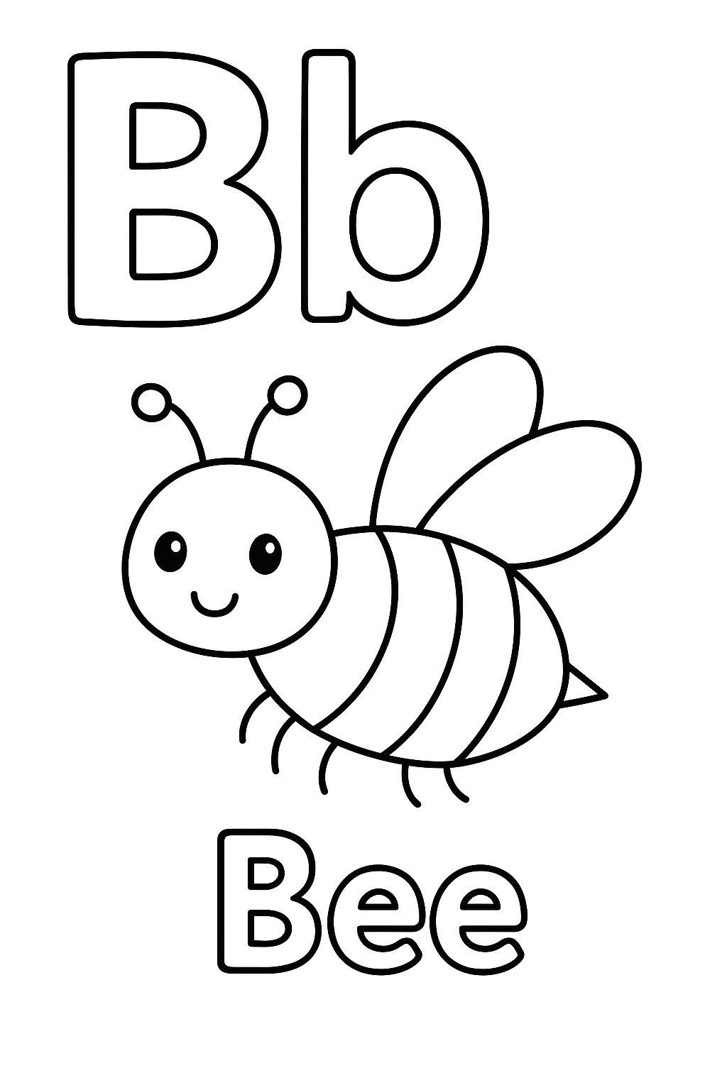 The uppercase letter “B” next to the lowercase letter “b”. With a bee image under the letters. Write out the object “Bee”.