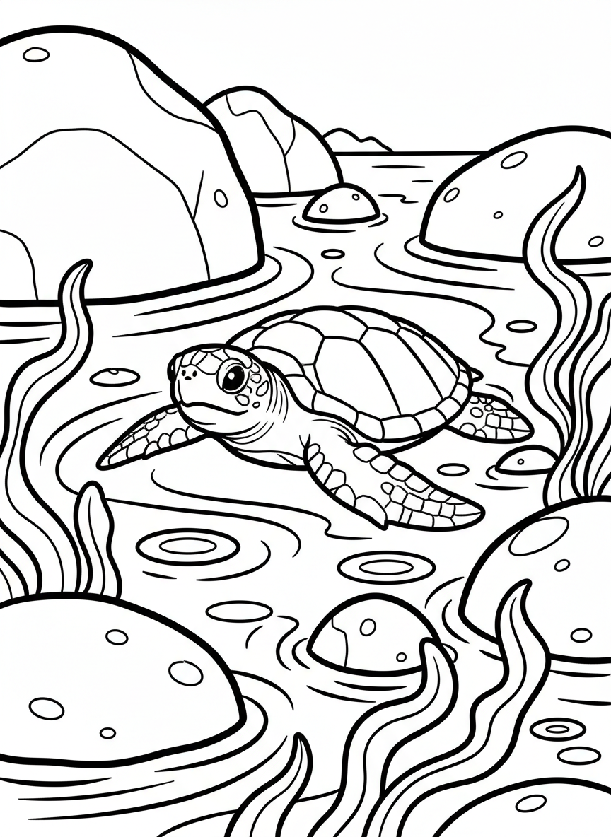 A baby sea turtle swimming through a shallow tide pool with rocks and seaweed visible beneath the water.