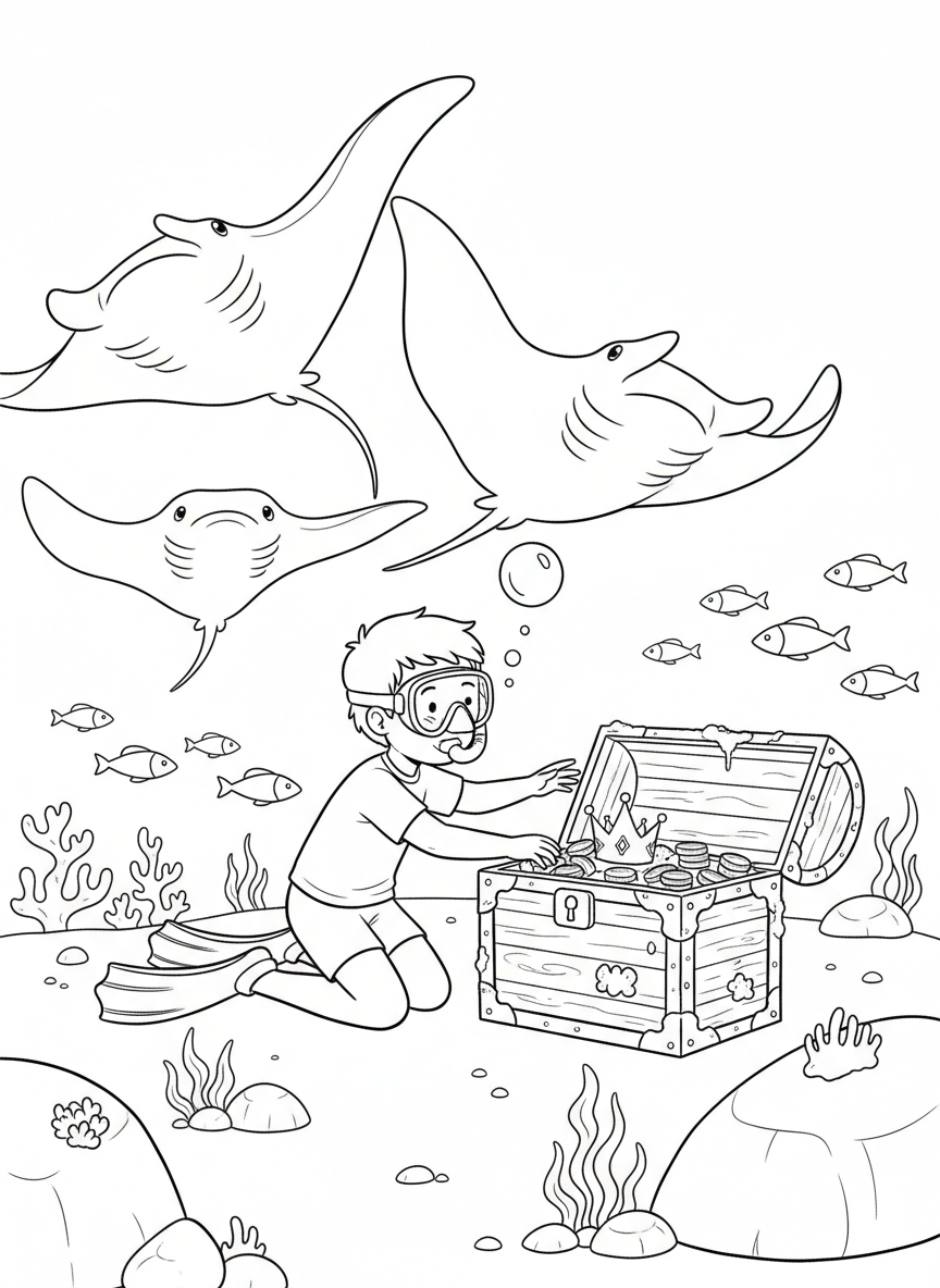 A child in snorkel gear discovering a treasure chest on the ocean floor surrounded by gentle rays and small fish