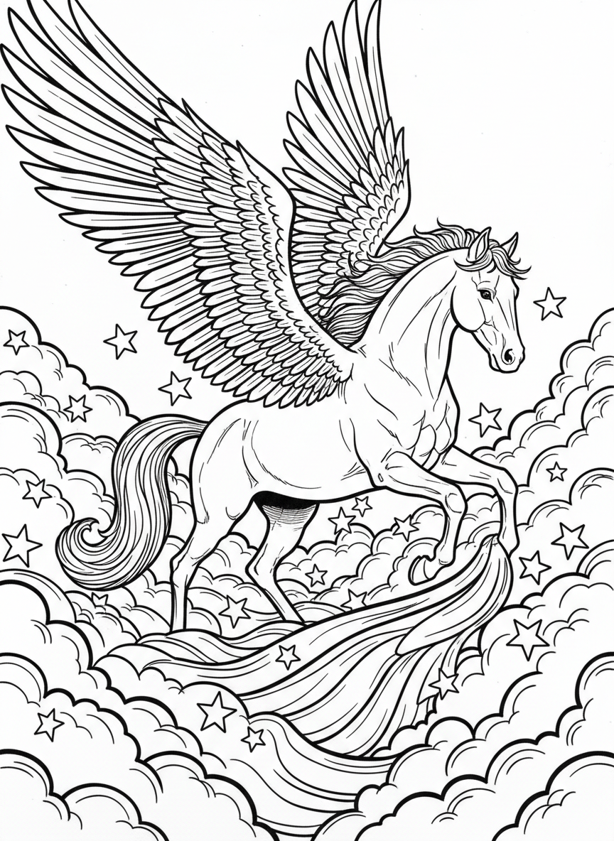 A pegasus with large wings landing in a field of clouds, stars twinkling in the background.